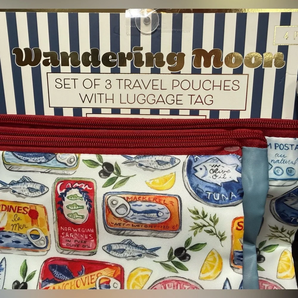 Wandering Moon 3 Pc Sardine Printed Travel Pouch Set & Umbrella & Luggage Tag